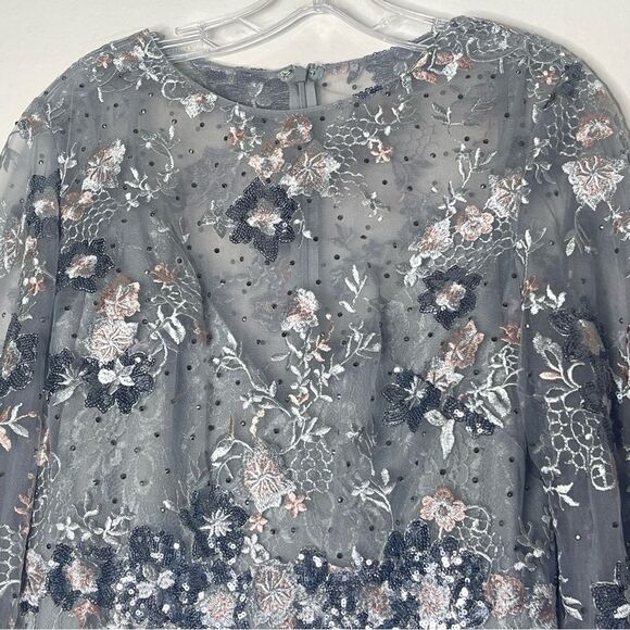 Mac Duggal 67936 Size 12 Bishop Sleeve Embroidered Mermaid Platinum Dress - Picture 5 of 12